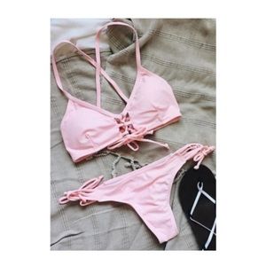 NEW!!! Spaghetti Strap Lace-Up Pink Bikini